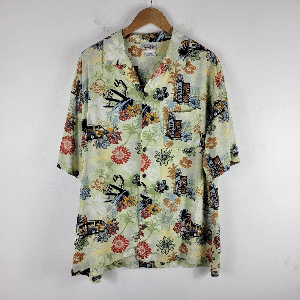 Disney Parks Hawaiian Tropical Floral Surfer Mickey Goofey Button Up Shirt